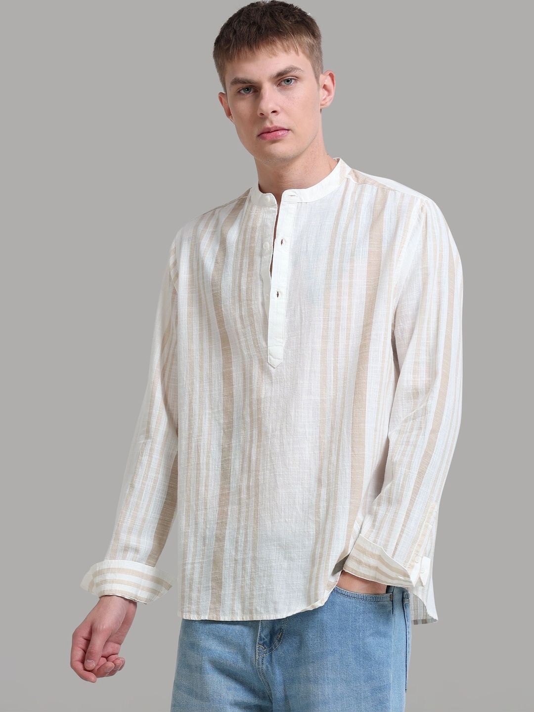 StitchX Men's Band Collar Pure Cotton Striped Kurta Shirt