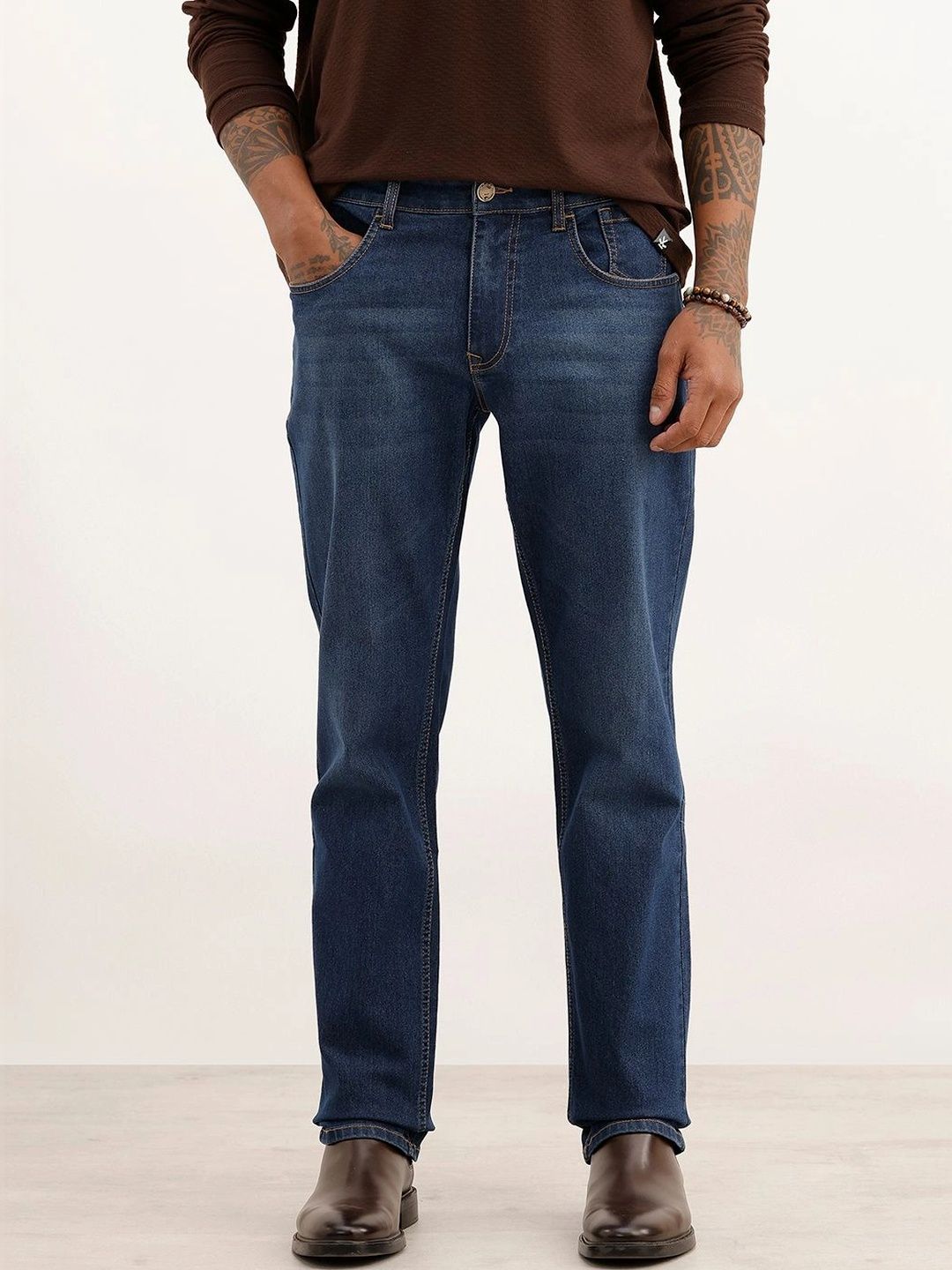 WROGN Men Straight Fit High-Rise Light Fade Stretchable Jeans