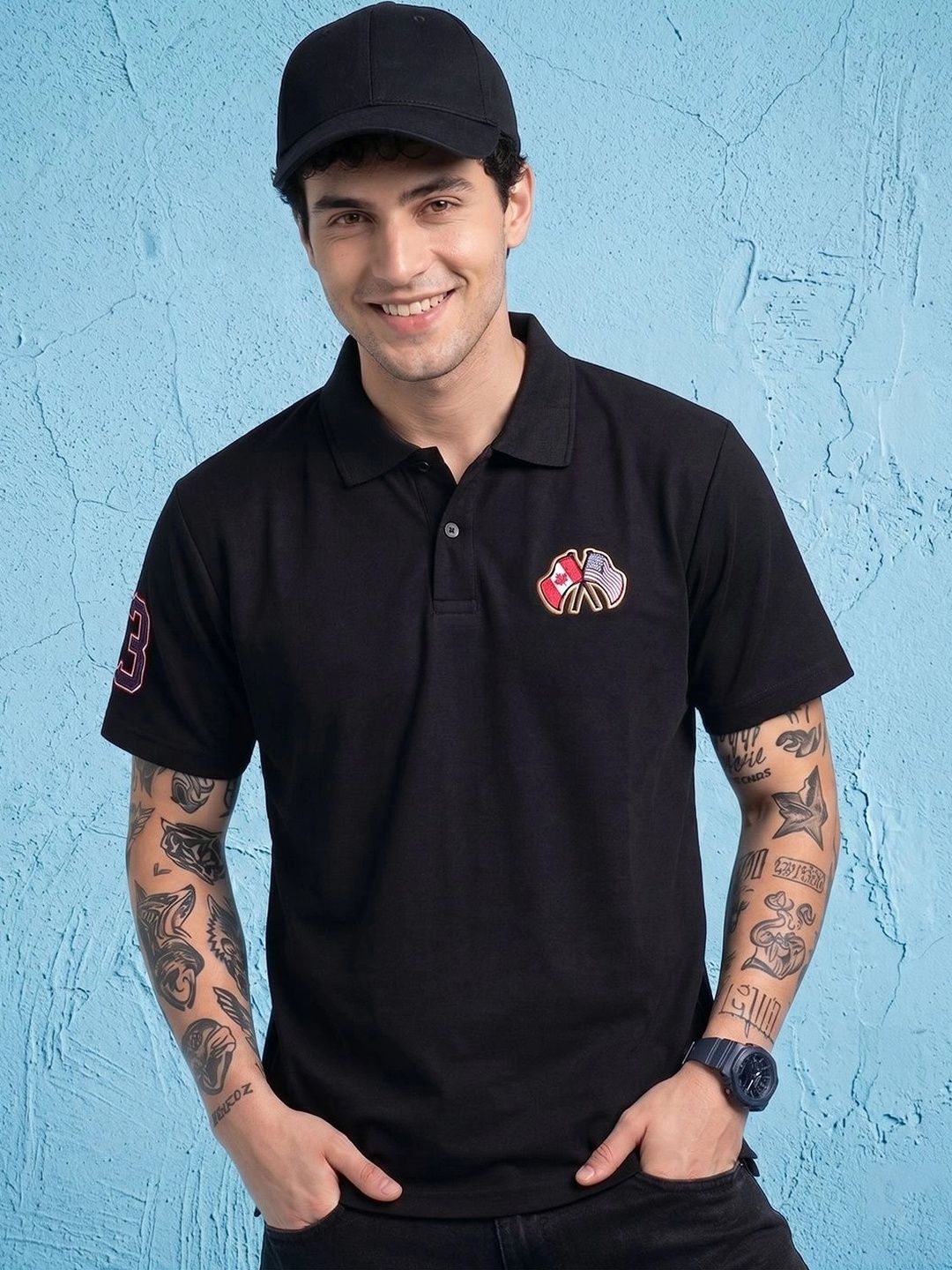 AIN6 Men Brand Logo Polo Collar Applique T-shirt