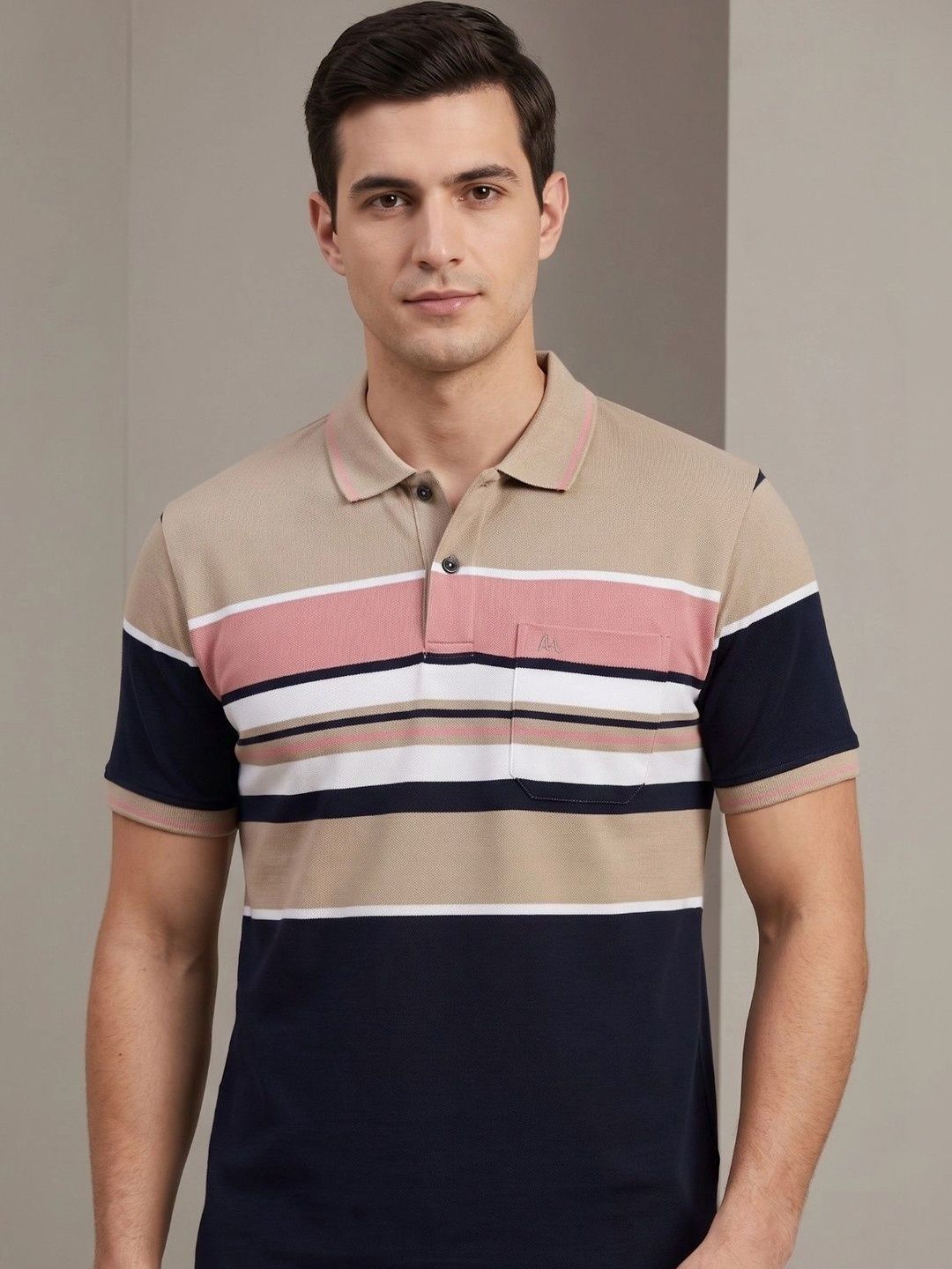 MALER Men Striped Polo Collar Pockets T-shirt