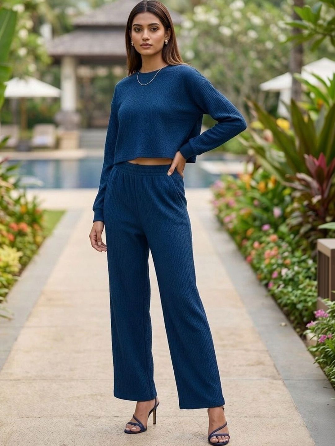 Merira Knitted Self Design Sweater with Palazzos
