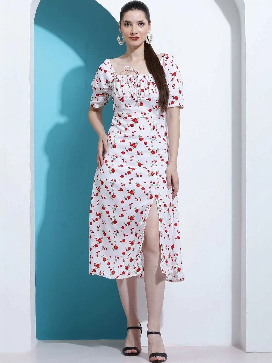 ZESHE MESHE Floral Print Puff Sleeve Ruffled A-Line Midi Dress