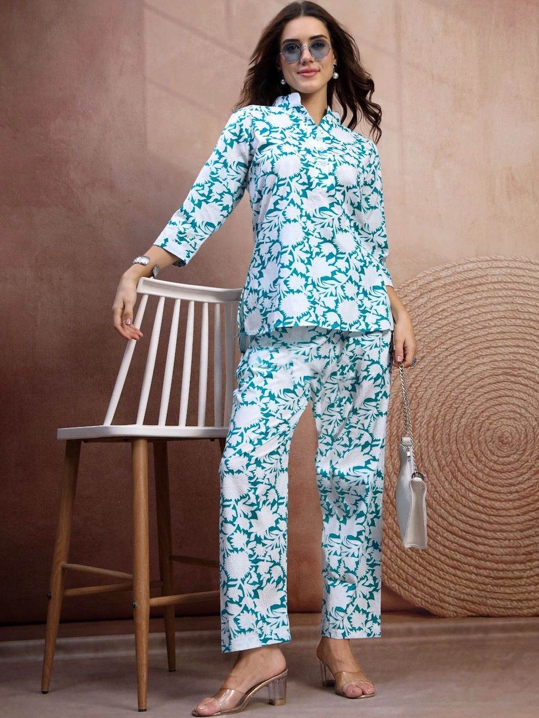 FABINALIV Floral Printed Top with Trousers