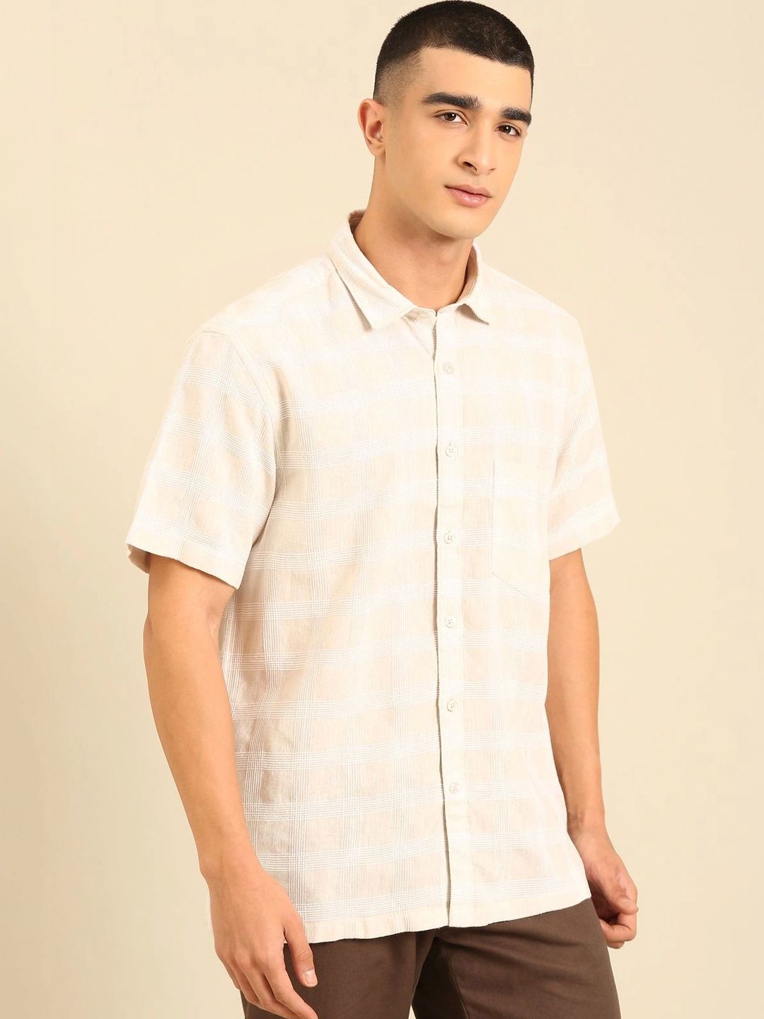 CAVALLO by Linen Club Men Regular Fit Windowpane Checks Checked Cotton Linen Casual Shirt