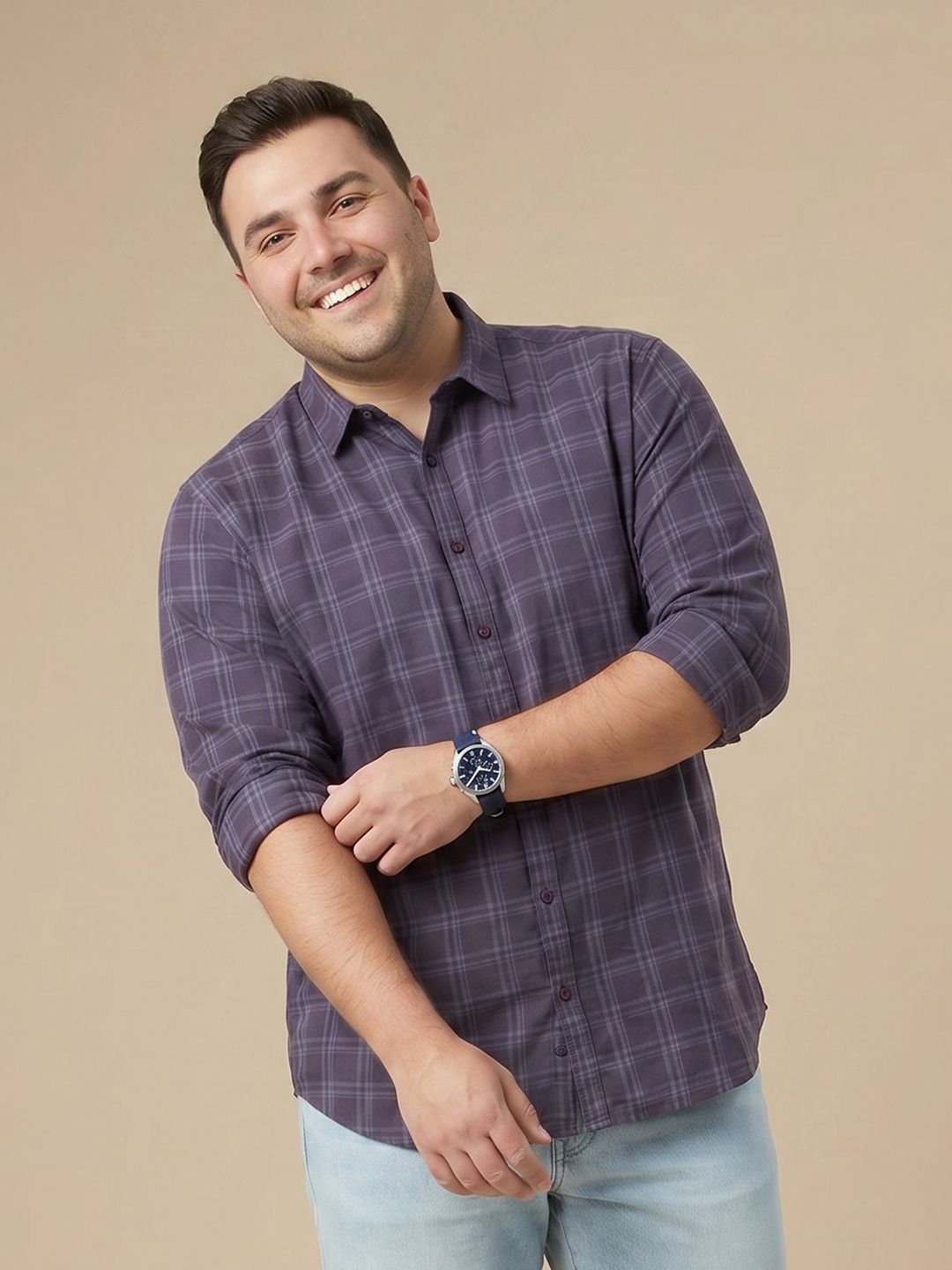 Sztori Plus Size Checked Cotton Linen Casual Shirt