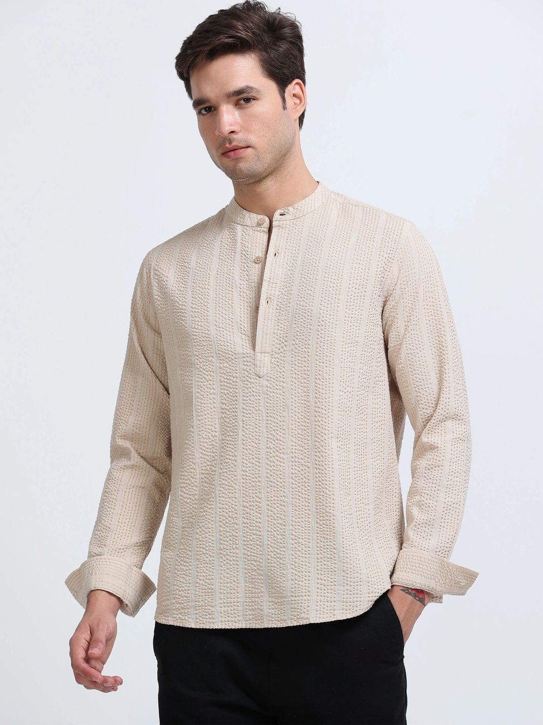 StitchX StitchX Men's Seersucker Band Collar Pure Cotton Striped Kurta Shirt
