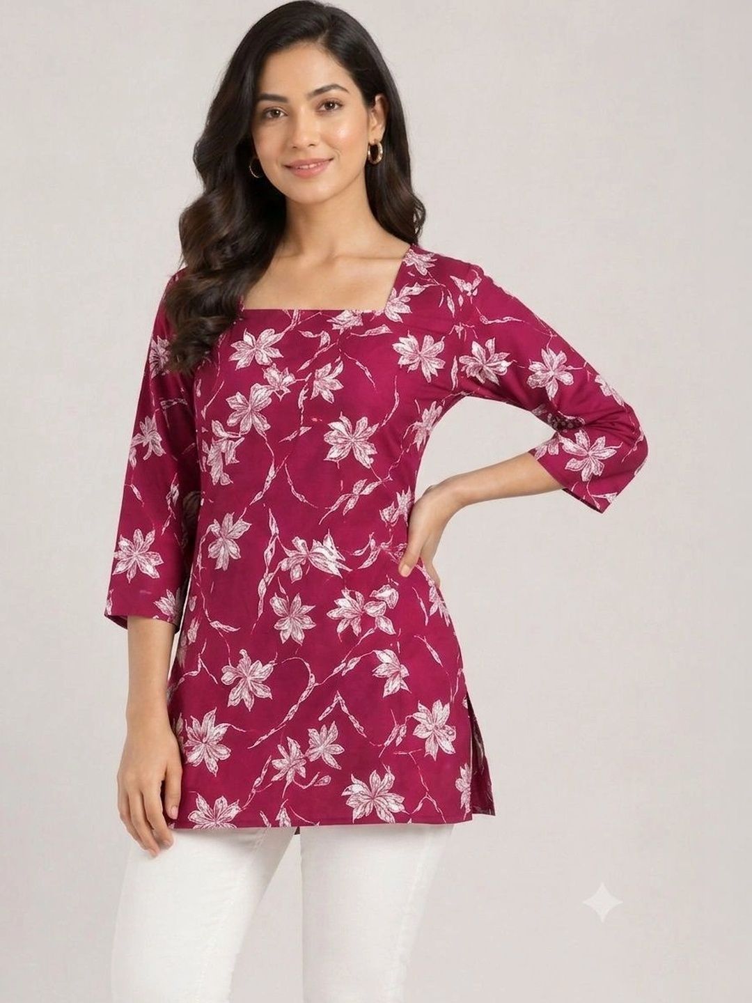 C H CREATION Floral Printed Square Neck Kurti
