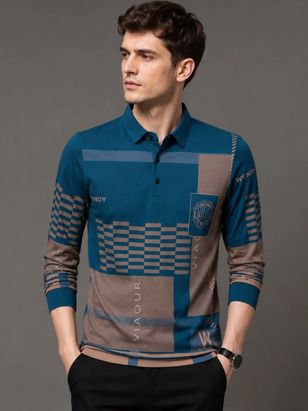 Moda Rapido Men Typography Printed Polo Collar Pockets T-shirt