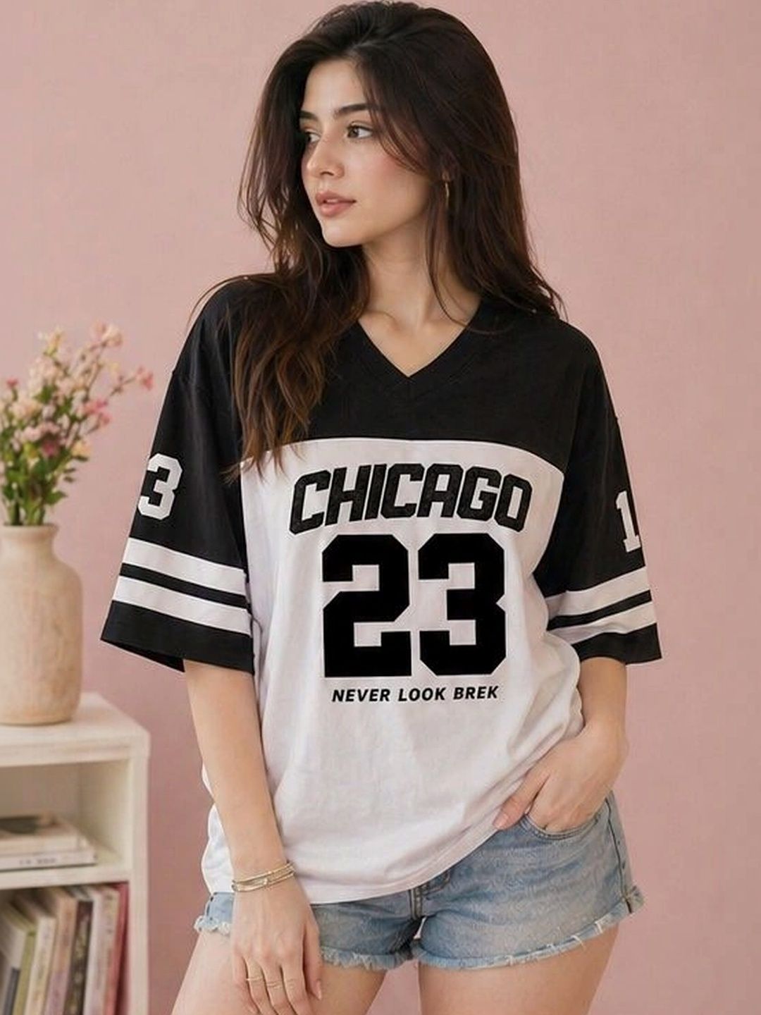 Bounce Back Apparels Women Typography Colourblocked V-Neck T-shirt