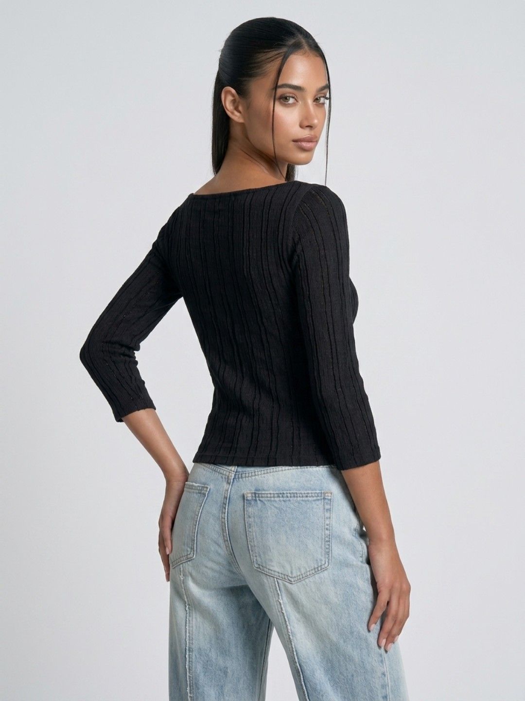 Buy Black Boat Neck Textured Fitted Top - Tops for Women 41366485