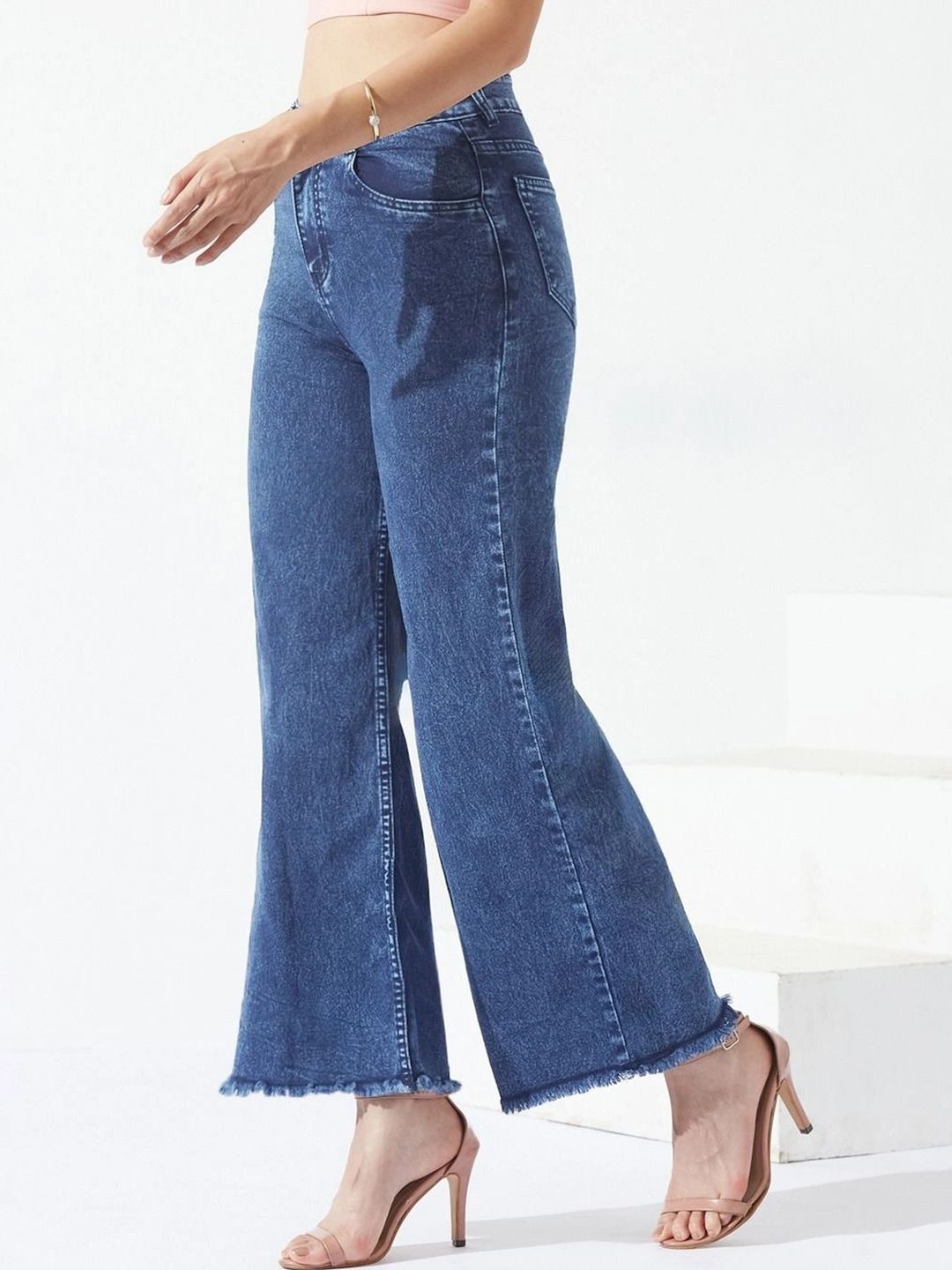 Miss Chase Women Wide Leg High-Rise Cuffed Hem Stretchable Jeans