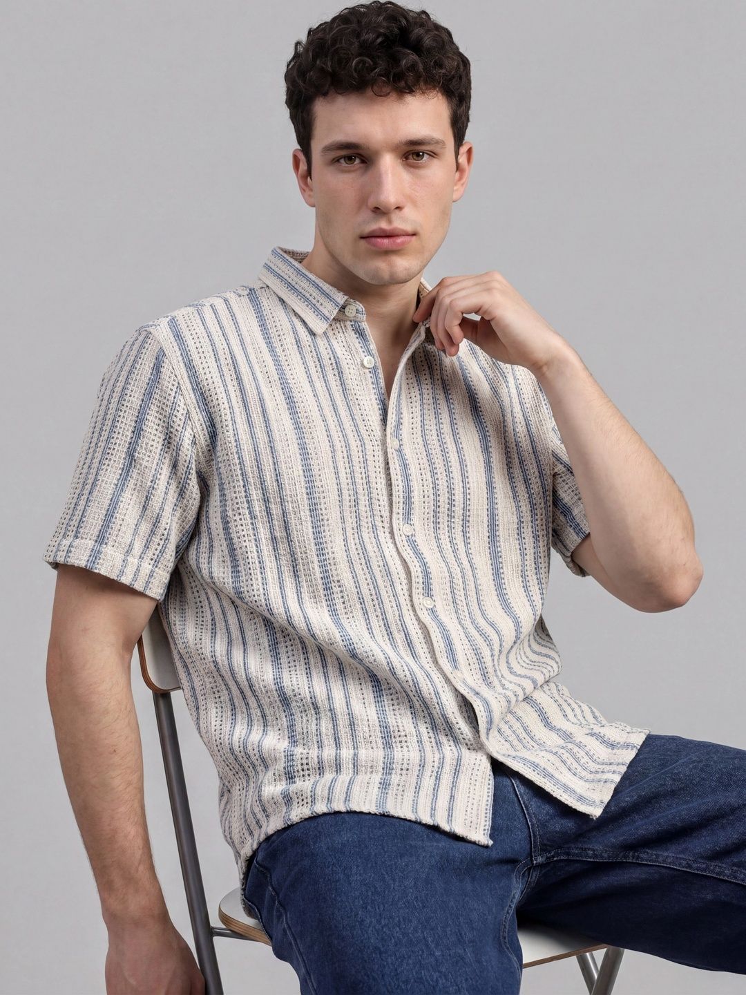 THE BEAR HOUSE Men Cotton Striped Regular Fit Short Sleeve Casual Shirt