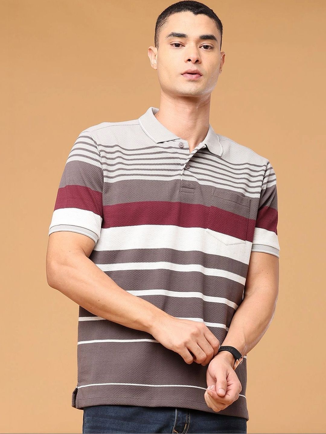 V-Mart V-Mart Men Striped Polo Collar Pockets T-shirt