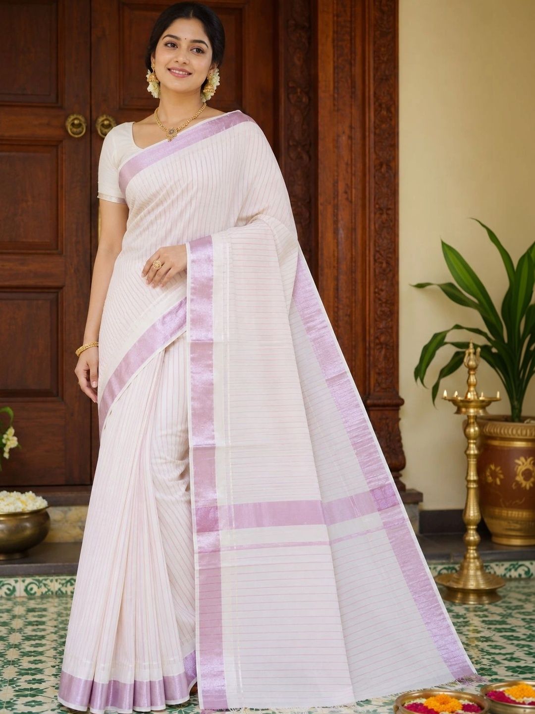 Peerless Wear Peerless Wear Striped Pure Cotton Kasavu Saree