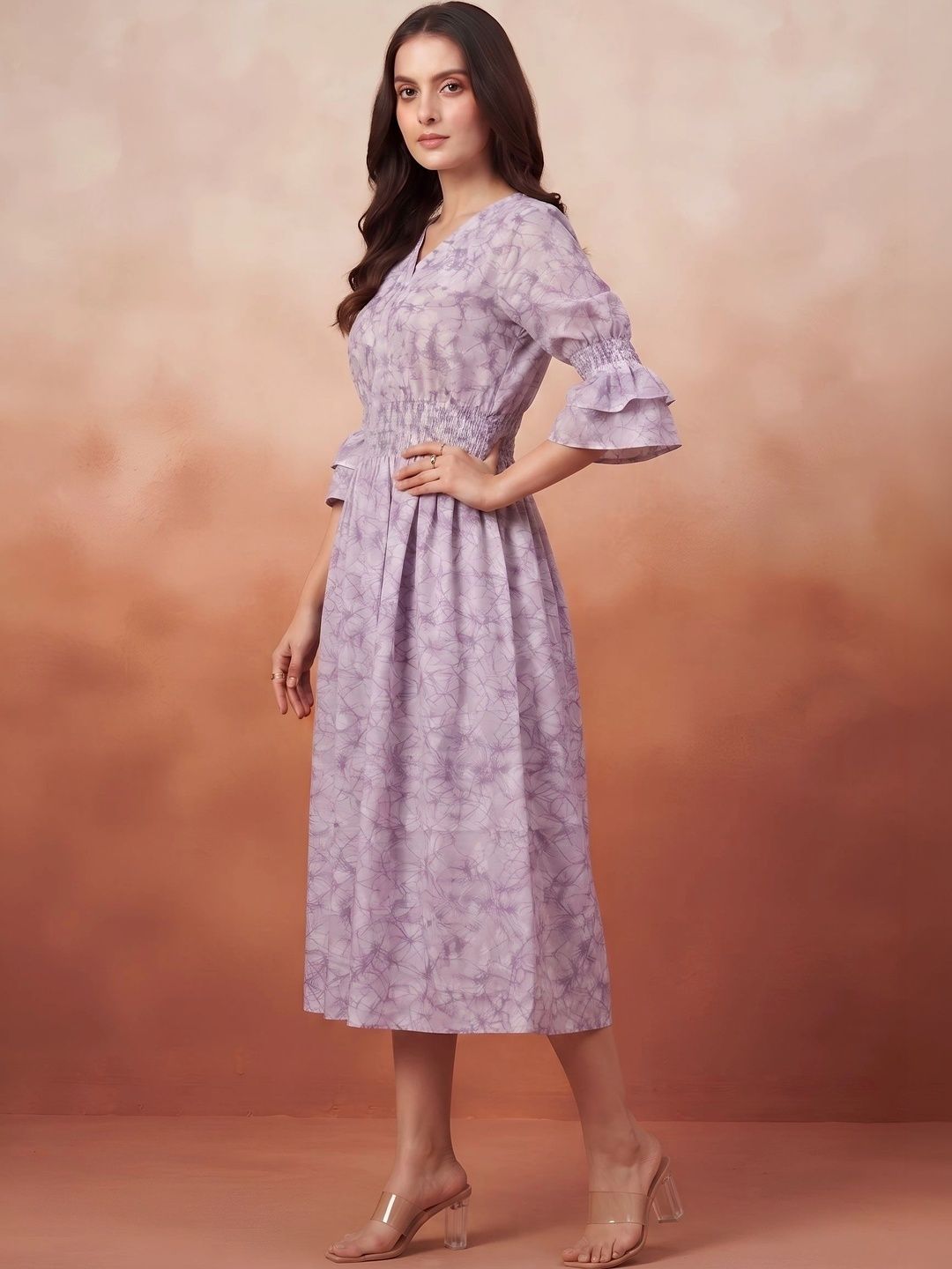 Pixie lane Floral Print Flared Sleeve A-Line Midi Dress