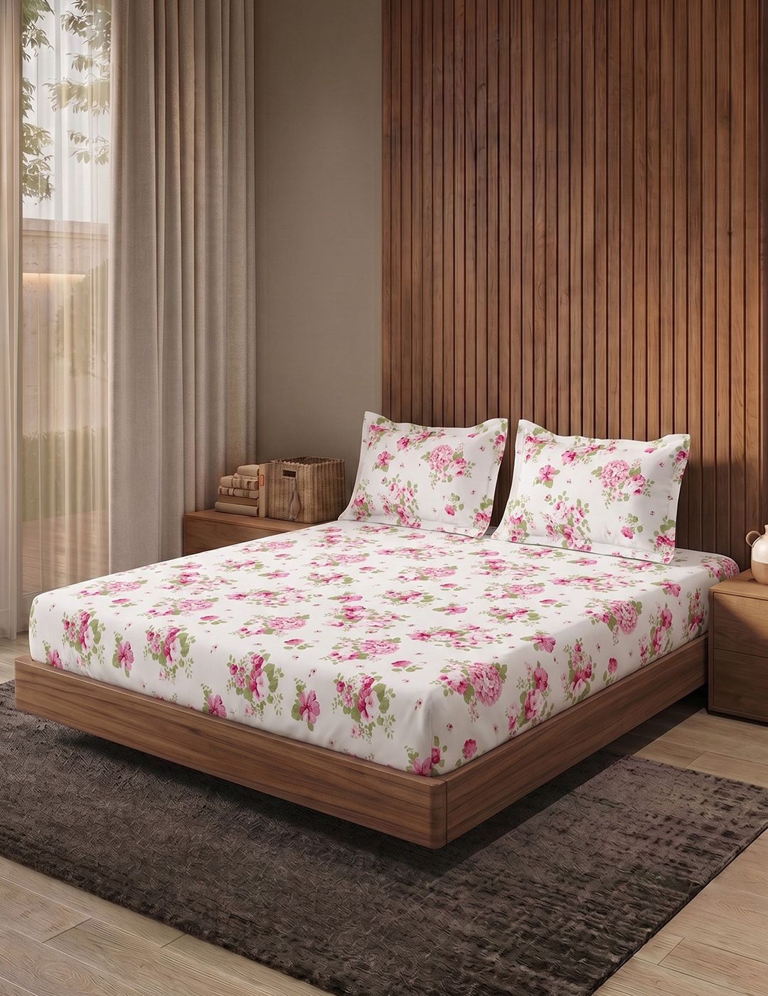 DDecor DDecor Pink & White Floral 144 TC Queen Bedsheet with 2 Pillow Covers