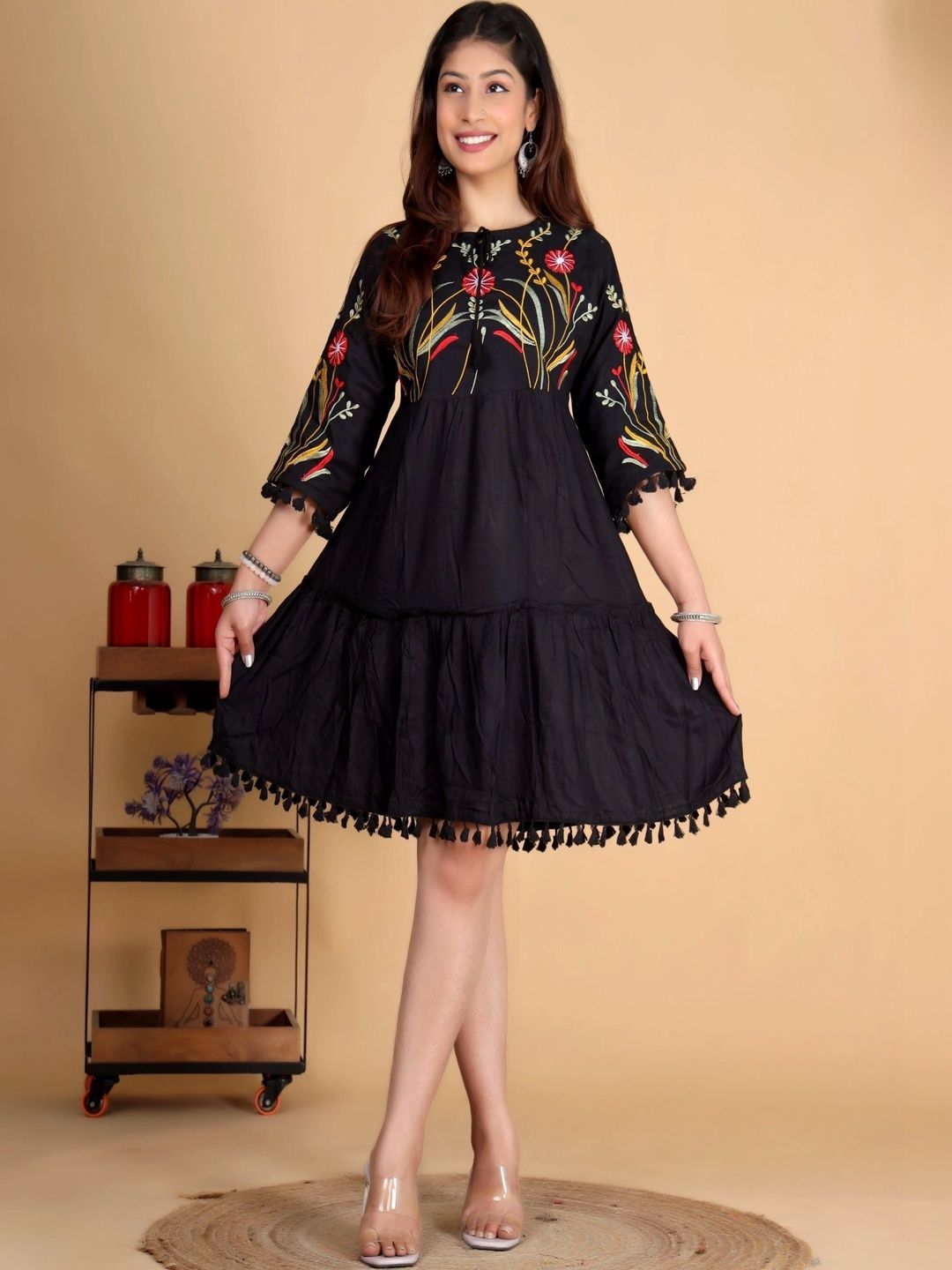 Shree paplaj Floral Embroidered Ruffled A-Line Dress