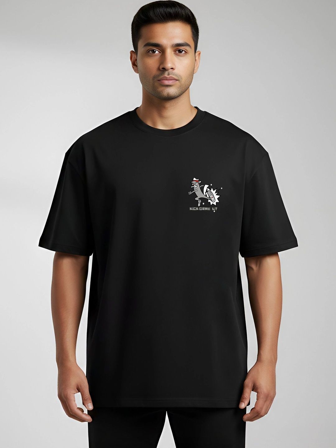 Black Pigeon Black Graphic Oversized T-shirt with Drop-Shoulder Sleeves