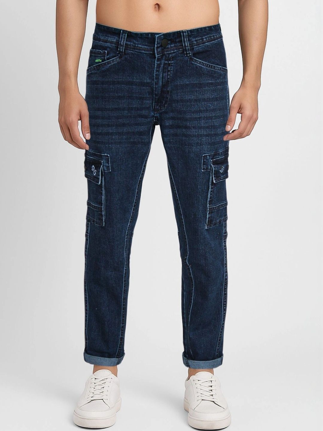 Plounge Men Straight Fit Mid-Rise Low Distress Coated Stretchable Jeans