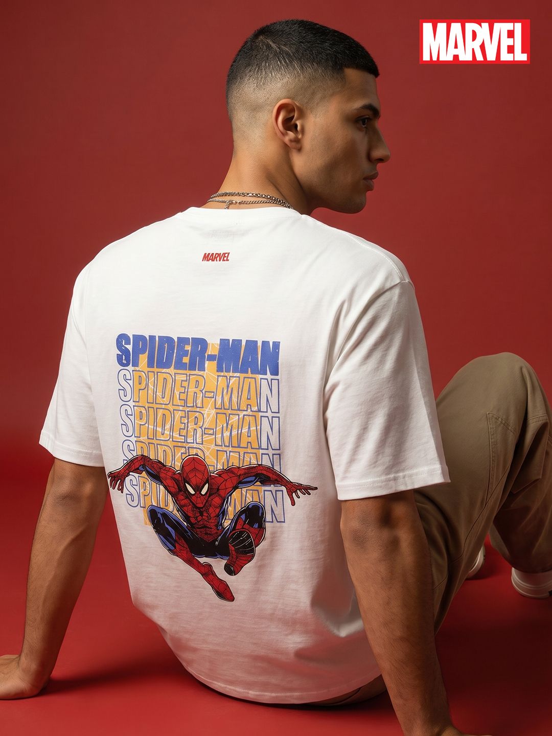 MARVEL STREET Spider Man Printed Drop-Shoulder Sleeves Pure Cotton Relaxed Fit T-shirt