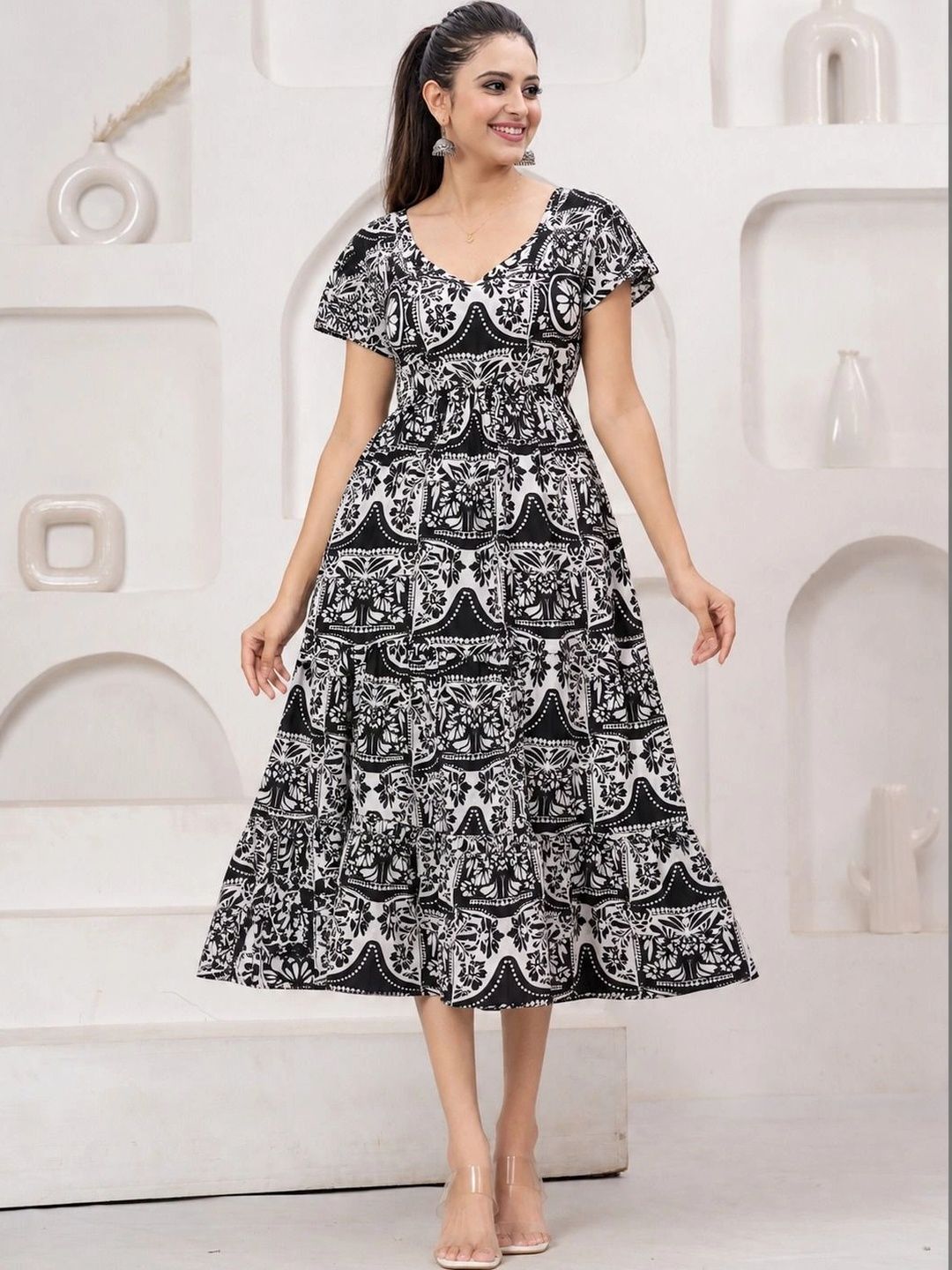 Chaukas Ethnic Motifs Print A-Line Midi Dress