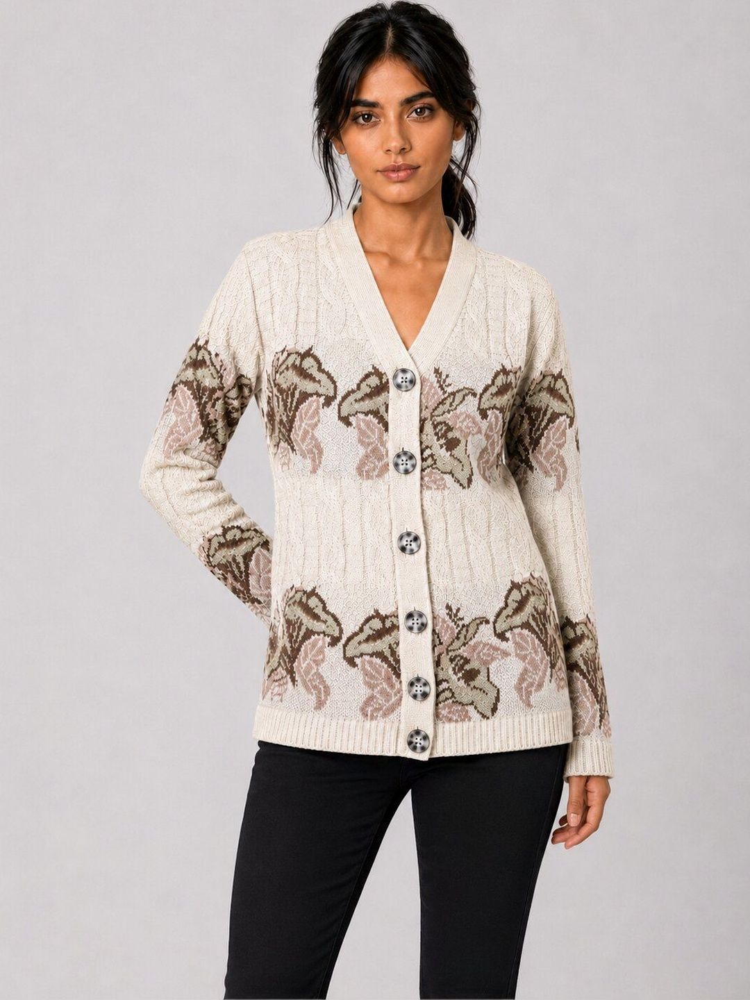 Kalt Kalt Women Self Design Cable Knit Cardigan