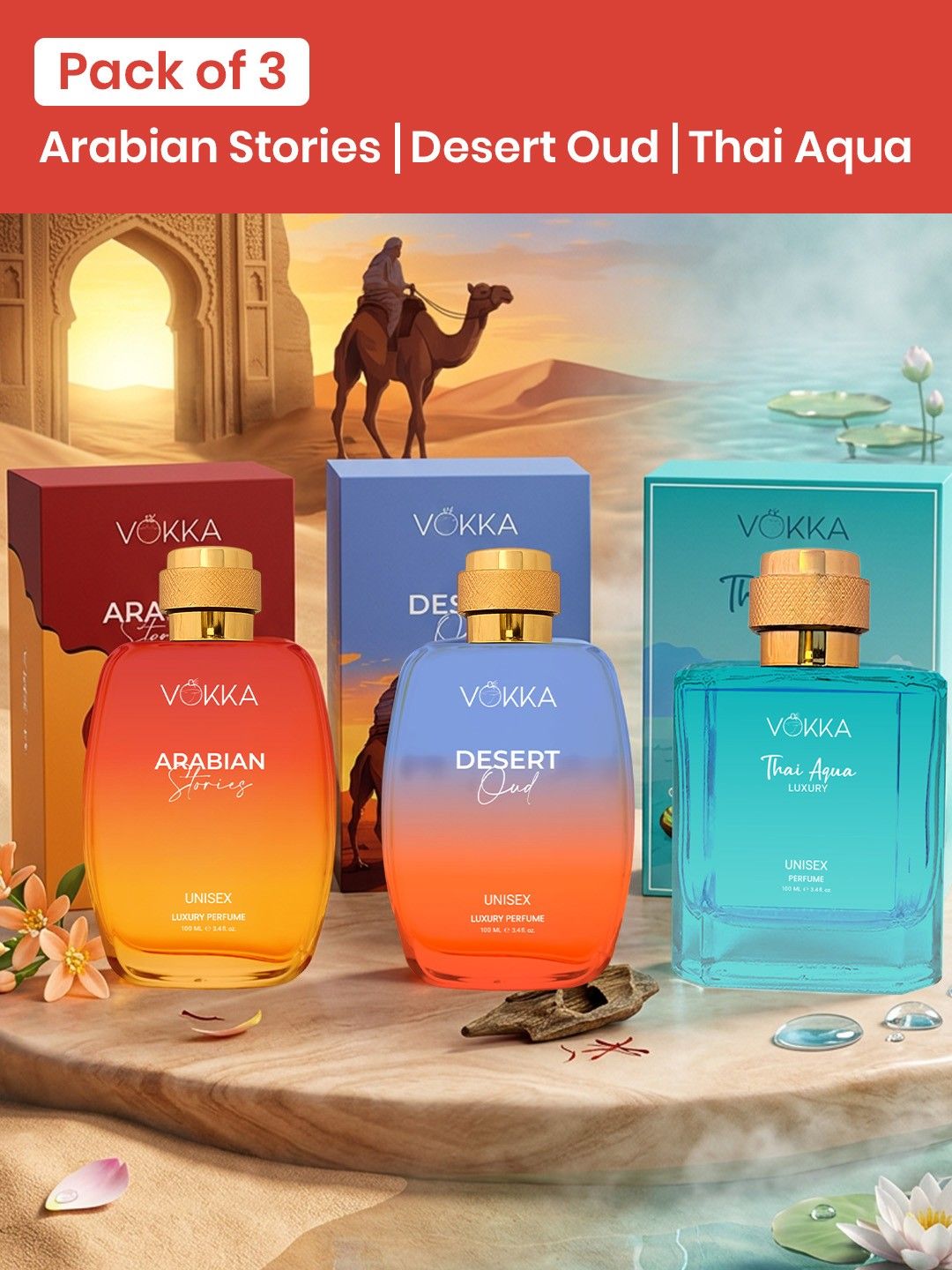 VOKKA Set Of 3 Arabian Stories Desert Oud &Thai Aqua Long Lasting Eau De Parfum-100ml Each