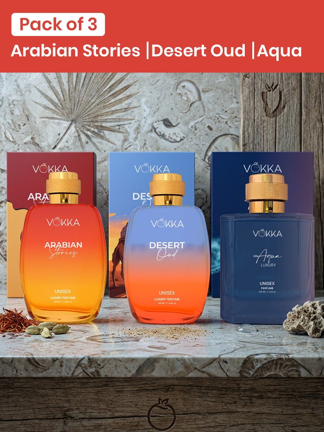 VOKKA Set Of 3 Arabian Stories Desert Oud & Aqua Long Lasting Eau De Parfum - 100 ml Each
