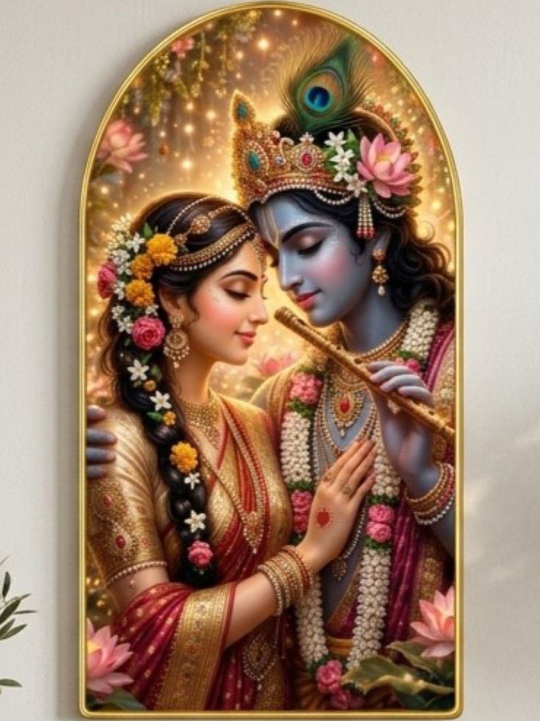 SAF SAF Gold Toned MDF Radha Krishna Flute Portrait Wall Art - 30'' x 16''