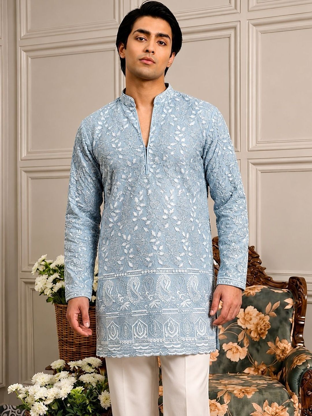 House of Pataudi House of Pataudi Men Ethnic Motifs Embroidered Regular Chikankari Kurta with Trousers