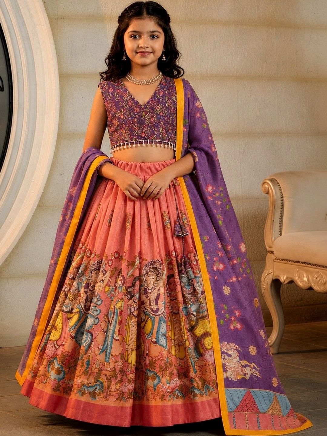 KALINI Girls Printed Kalamkari Ready to Wear Lehenga & Blouse With Dupatta