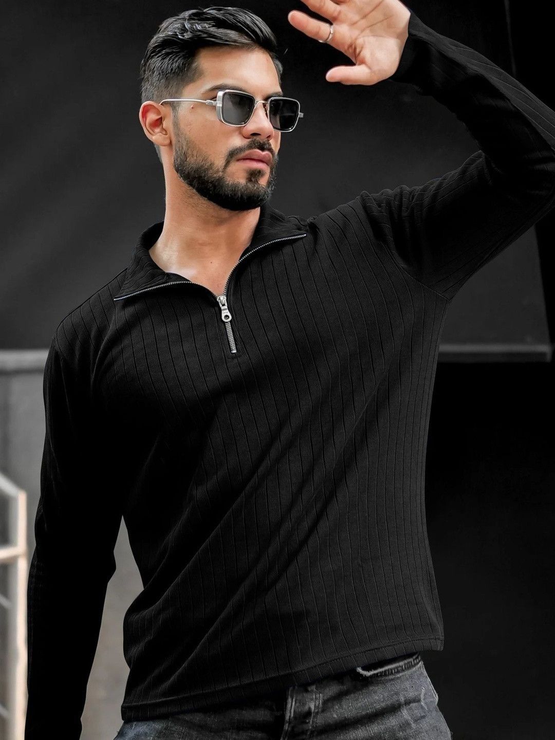 HAPPY KHAJANA Men Ribbed Polo Collar Regular Fit Polo Collar Zipper Chain T-shirt