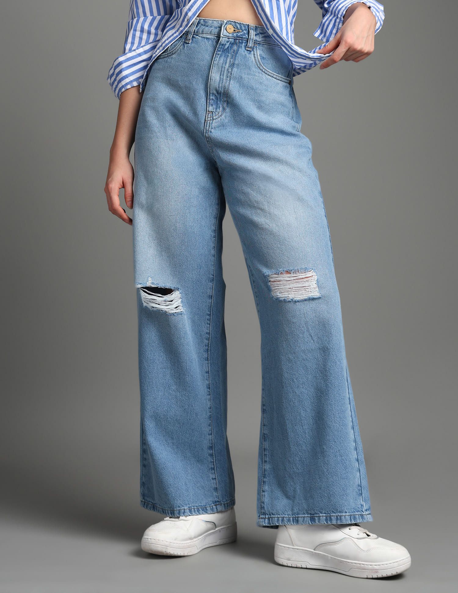 Flying Machine Flying Machine Women Wide Leg High-Rise Slash Knee Light Fade Jeans