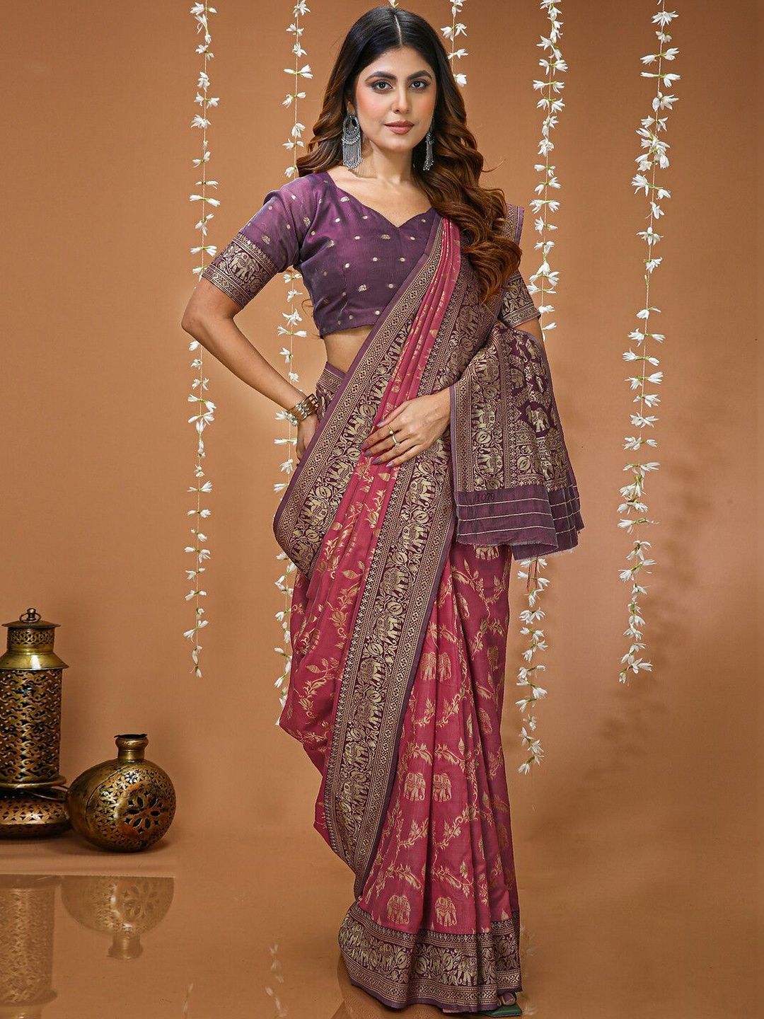 HERE&NOW Ethnic Motifs Zari Art Silk Heavy Work Saree