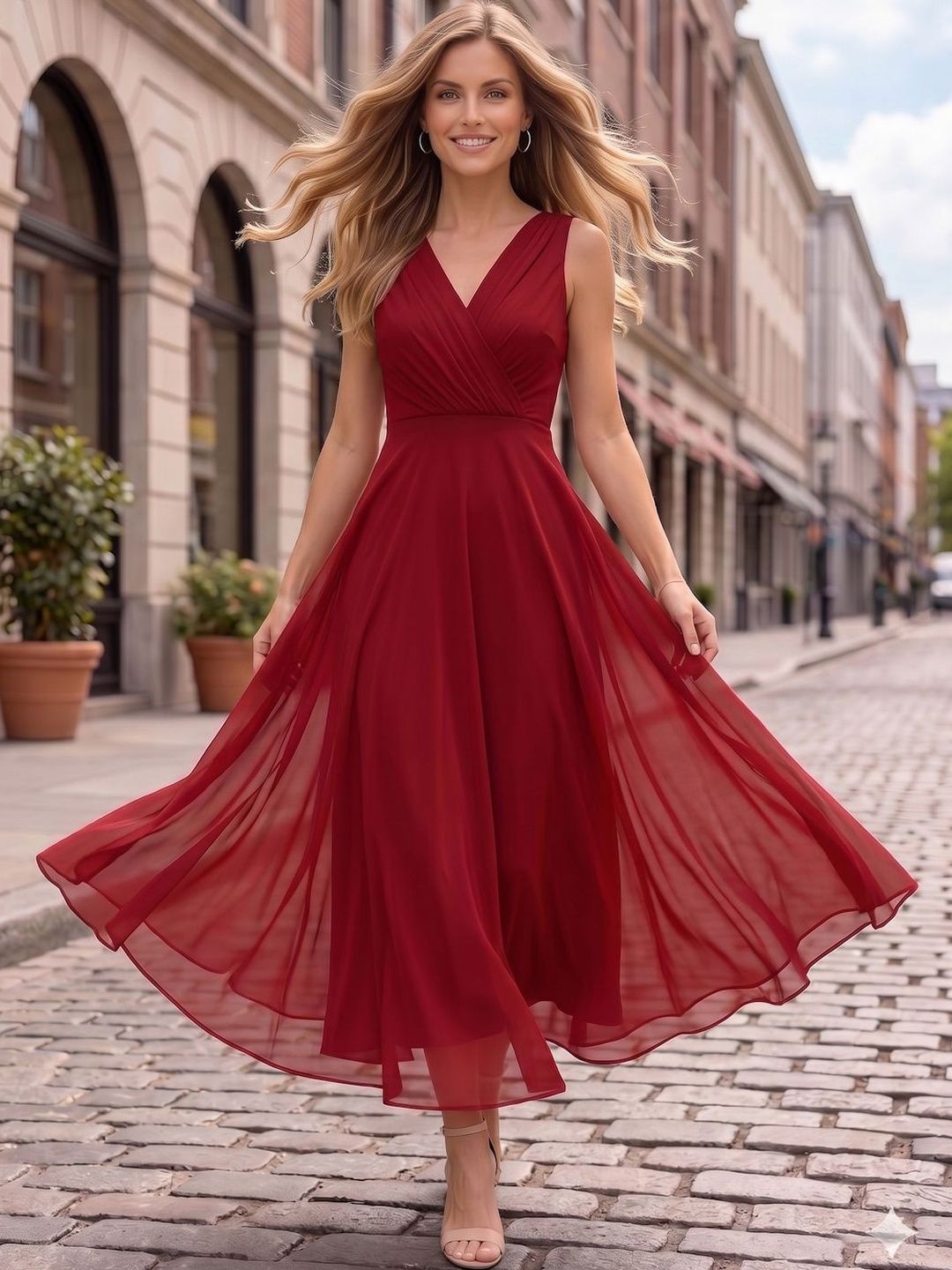 aayu Women V-Neck Sleeveless Pleated Detail Wrap Maxi Dress