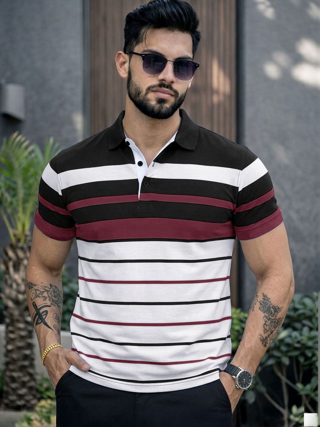 Eyebogler Striped Polo Collar Cotton T-shirt