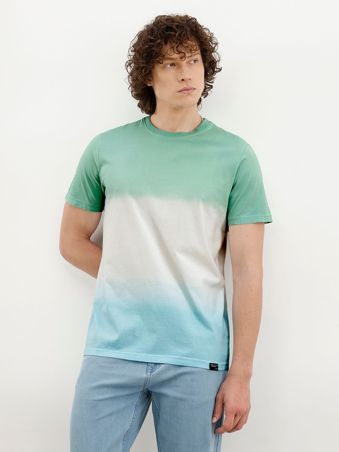WROGN Men Green & White Tie and Dye Pure Cotton Slim Fit T-shirt