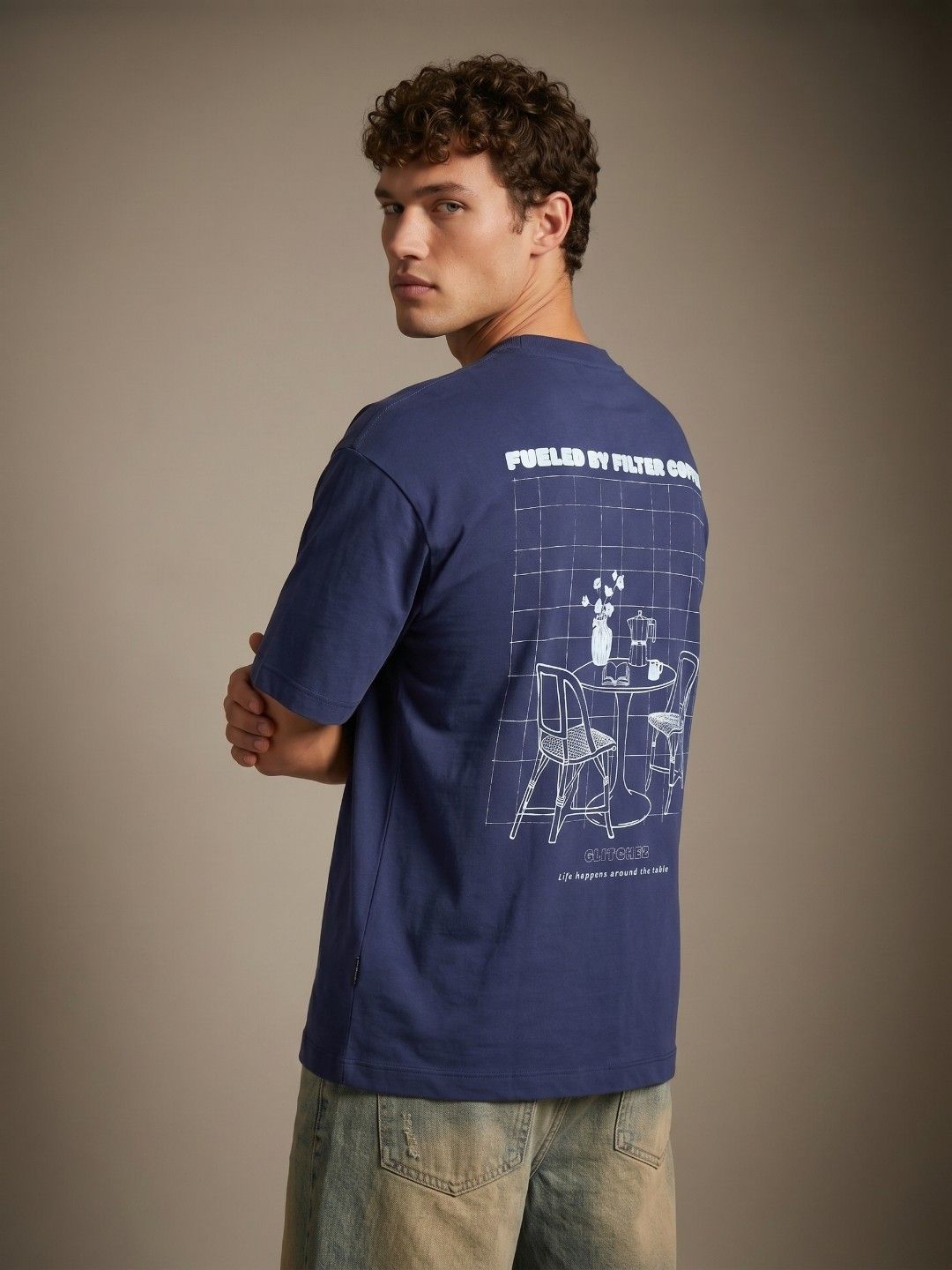 glitchez Navy Typography Printed Oversized Fit Tshirt