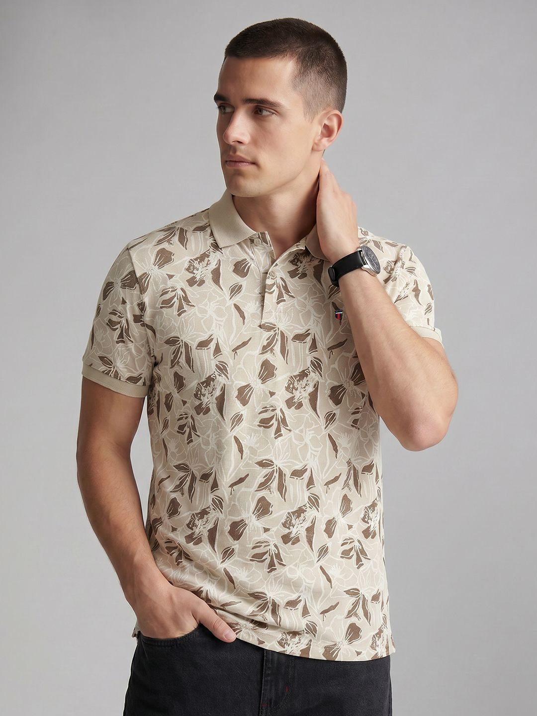 Polo Collar Slim Fit T-shirt Louis Philippe Sport Floral Printed Polo Collar Pure Cotton Slim Fit T-shirt