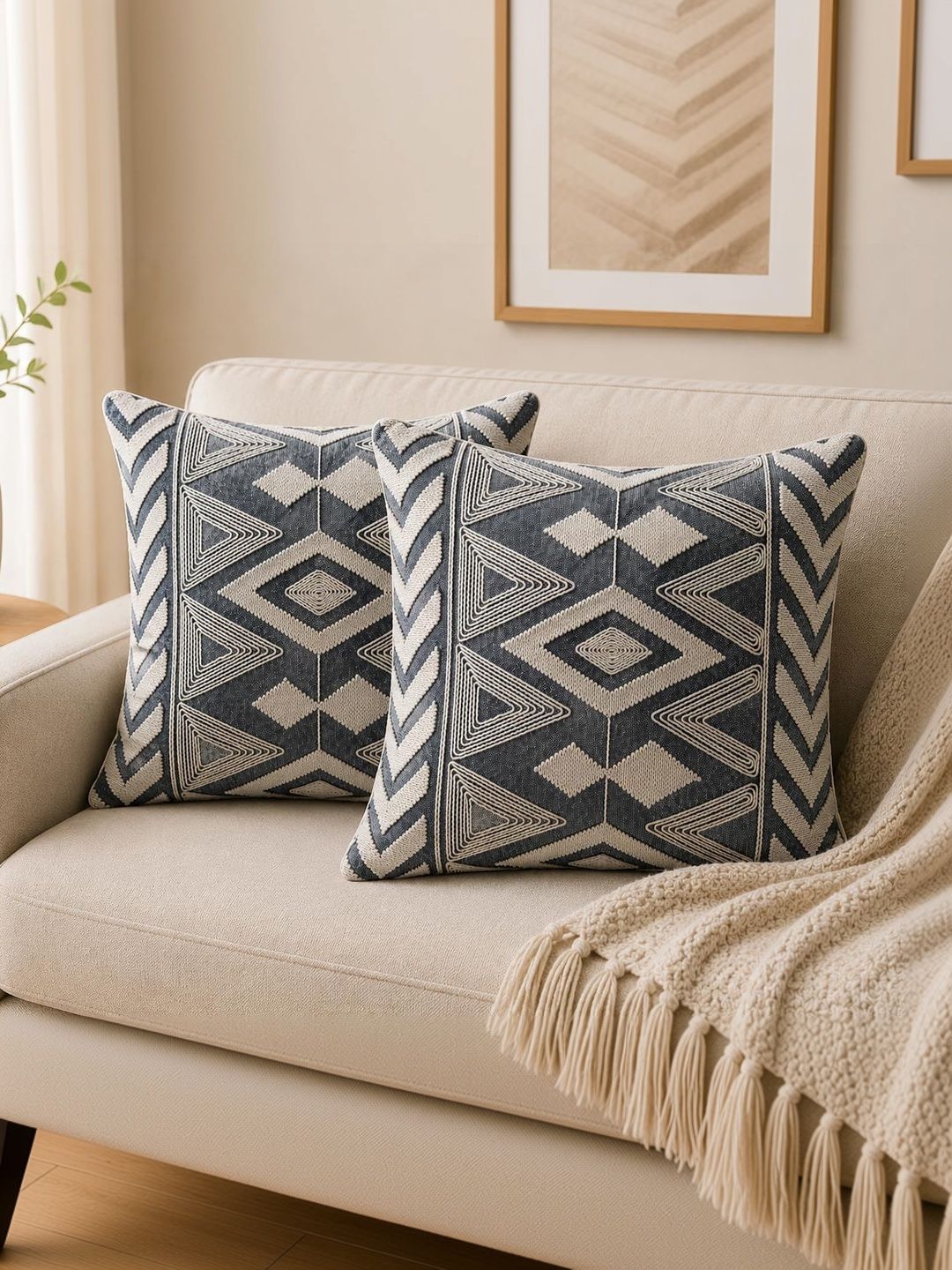 Prista Prista Set of 2 Floral Design Grey Embroidered Slub Cotton Cushion Cover 16x16 Inch