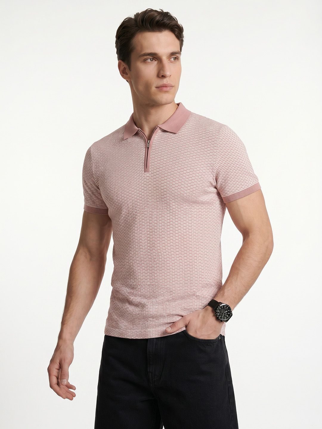 Integriti Slim Fit Self Design Polo Collar Pure Cotton T-shirt