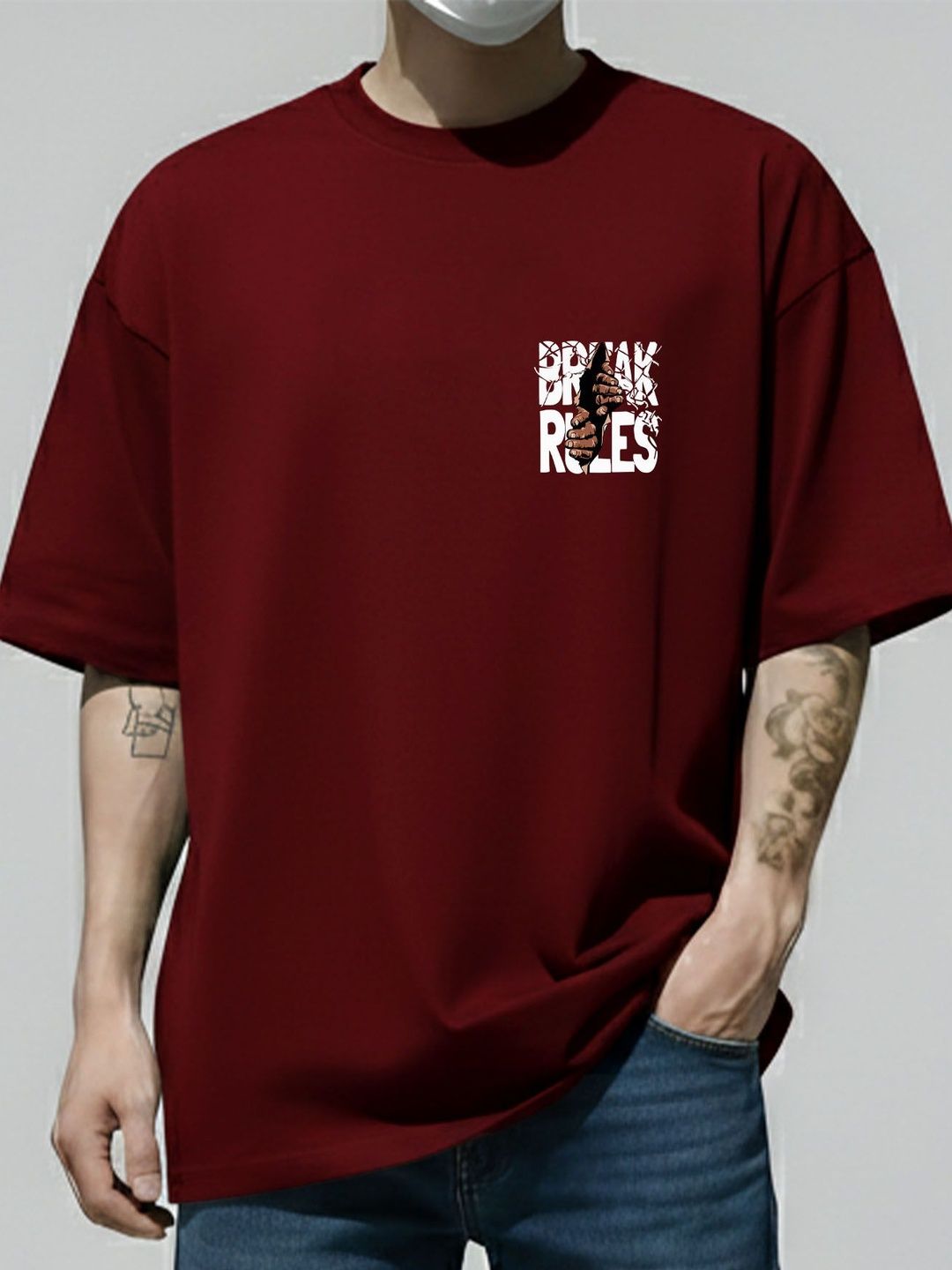 AUSK Typography Printed Round Drop-Shoulder Sleeves Oversized Fit T-shirt