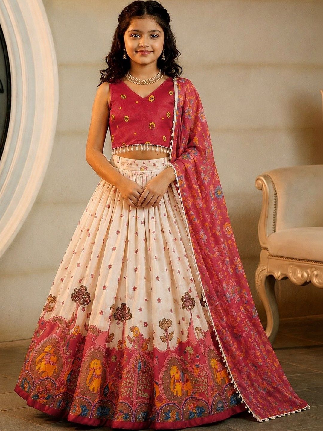 KALINI Girls Printed Kalamkari Ready to Wear Lehenga & Blouse With Dupatta