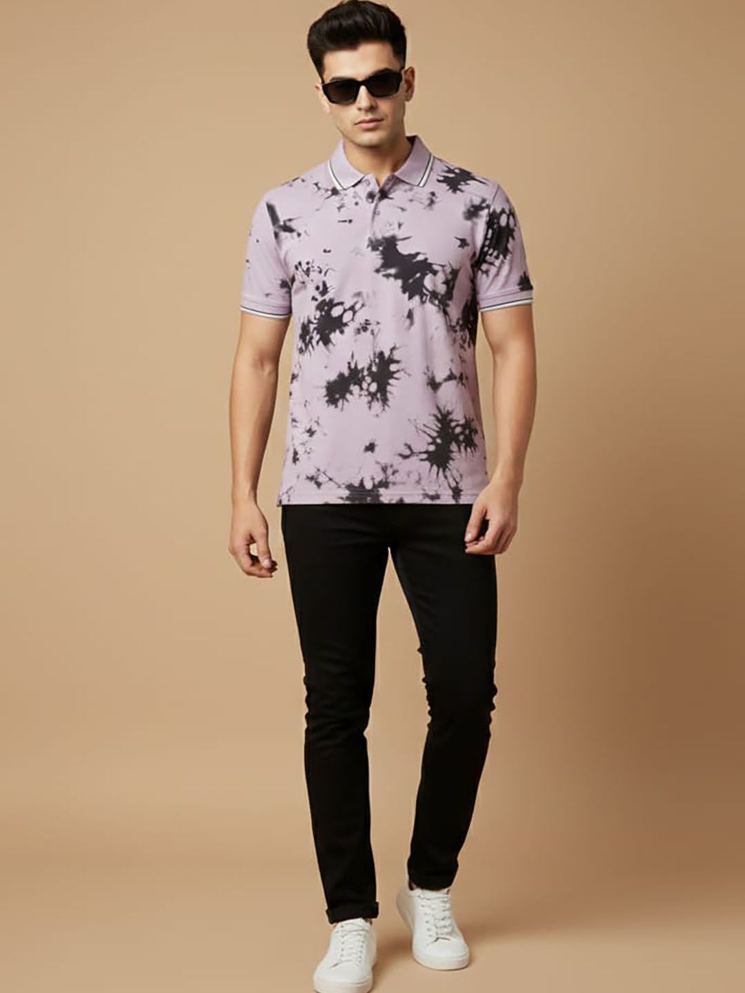 HERE&NOW Men Tie and Dye Dyed Polo Collar T-shirt