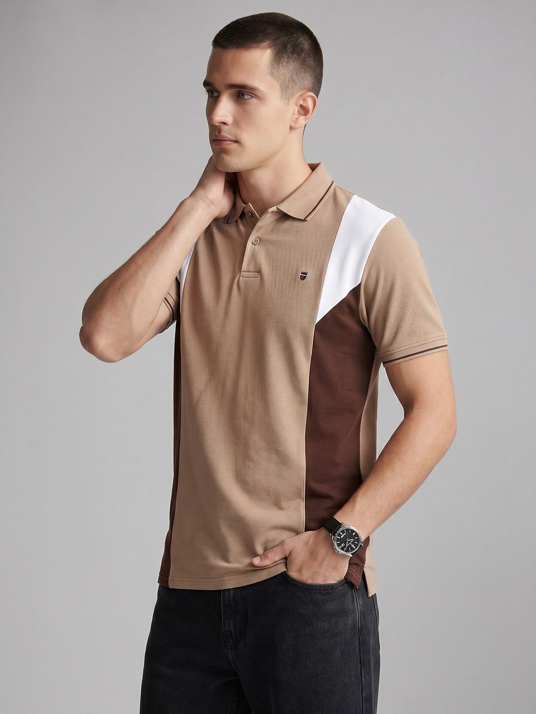 Colourblocked Slim Fit T-shirt Louis Philippe Sport Colourblocked Polo Collar Pure Cotton Slim Fit T-shirt