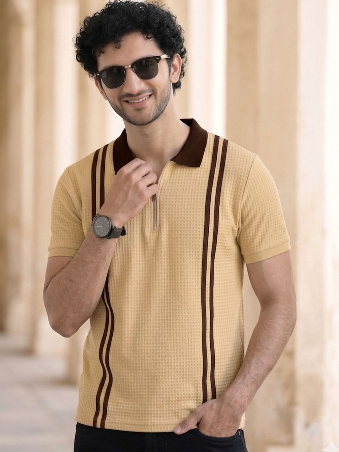 THE BEETEL HOUSE Men Striped Polo Collar T-shirt