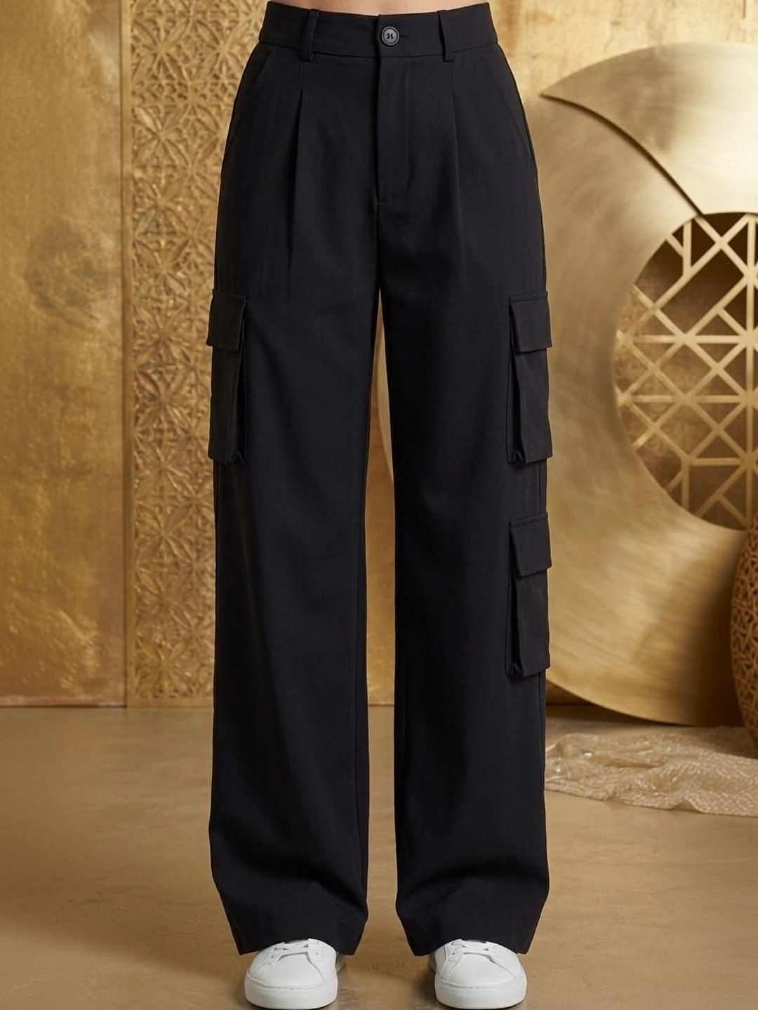 HIGH BUY HIGH BUY Women Tailored Loose Fit High-Rise Pleated Cargos Trousers