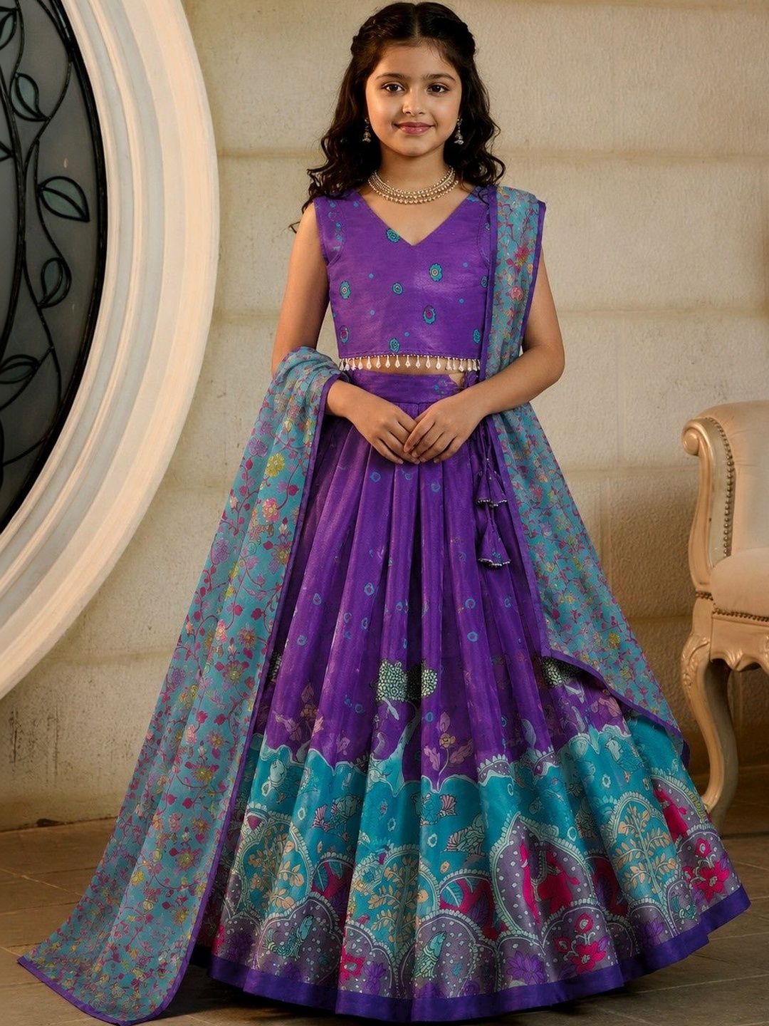 KALINI Girls Printed Kalamkari Ready to Wear Lehenga & Blouse With Dupatta