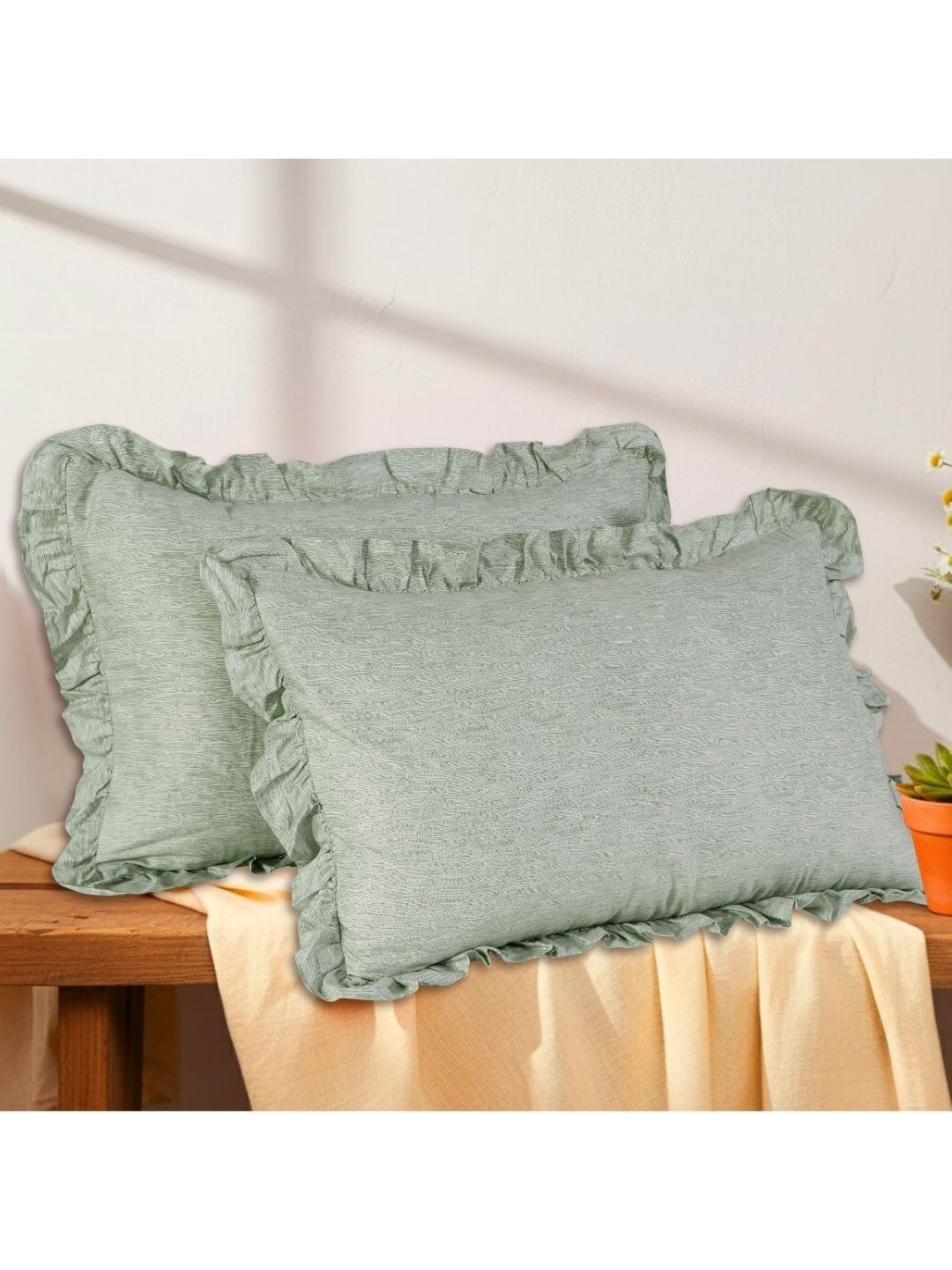 A Homes Grace A Homes Grace Sea Green & White 2 Pieces Solid Pure Cotton Blend Rectangle Pillow Covers