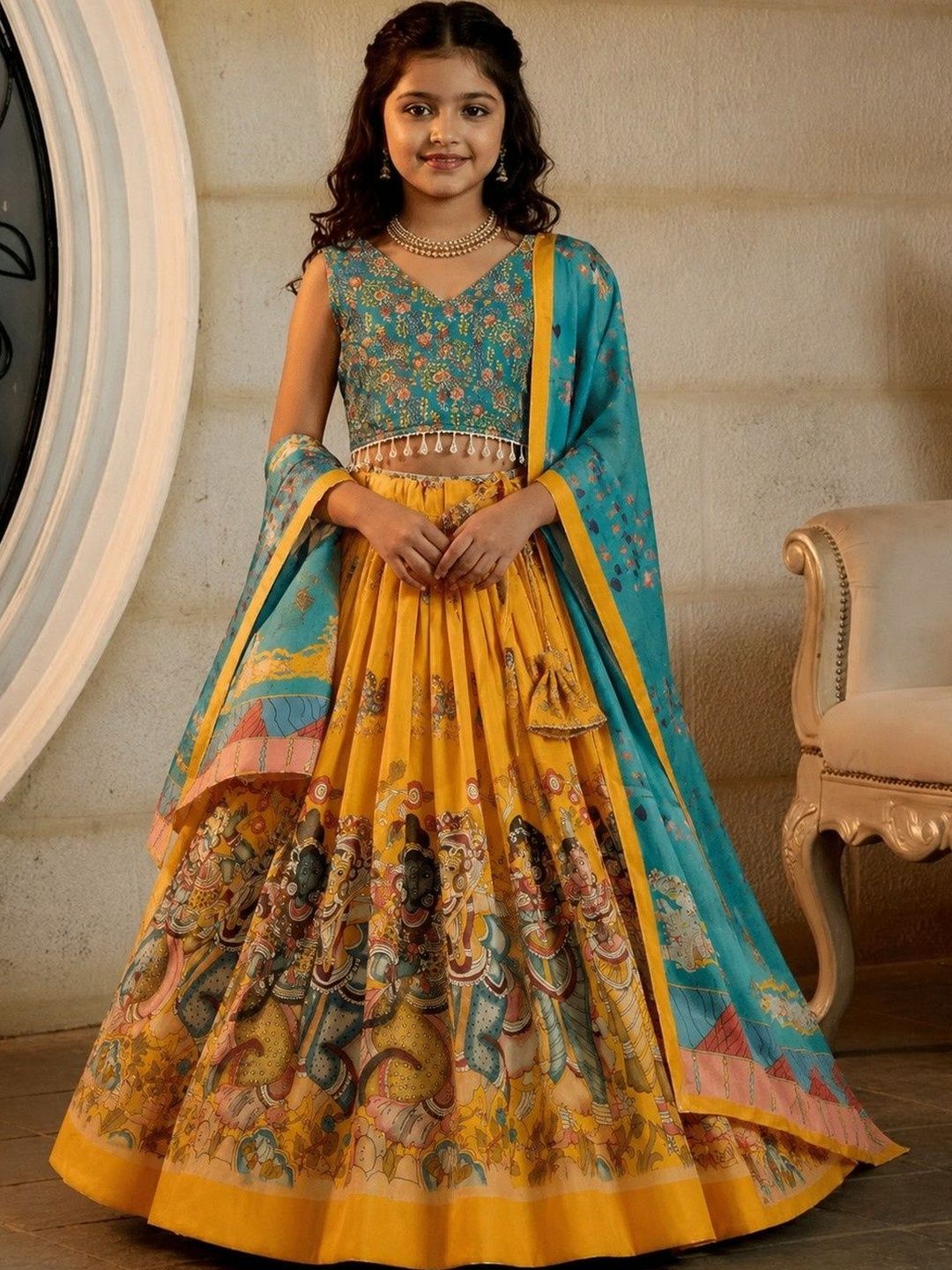 KALINI Girls Embroidered Kalamkari Ready to Wear Lehenga & Blouse With Dupatta